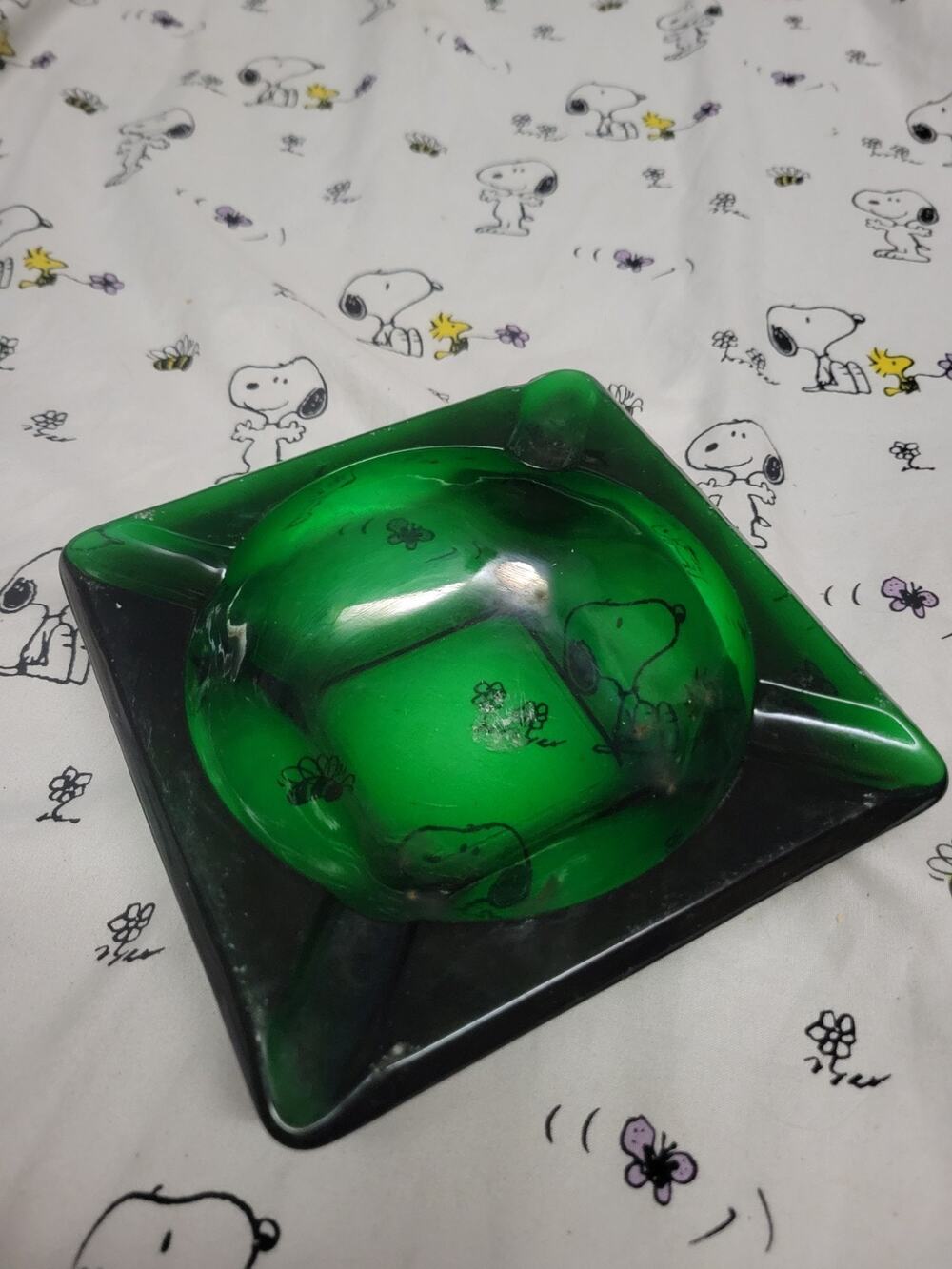 VINTAGE ASHTRAY 5.5” SQUARE EMERALD GREEN GLASS CIGAR